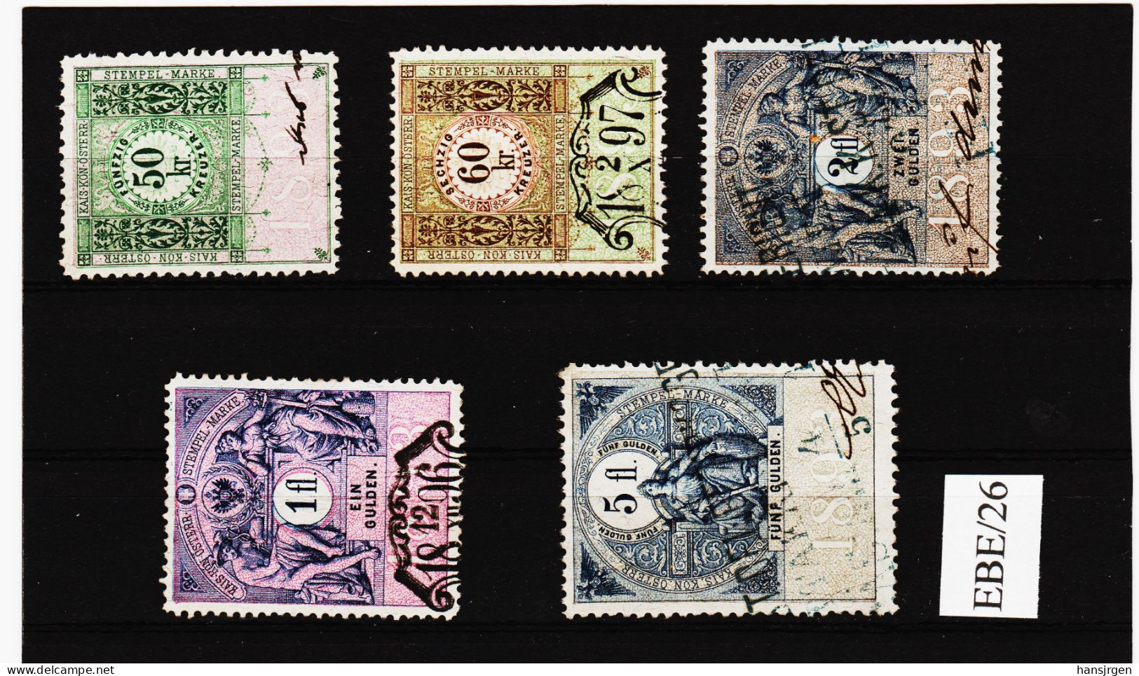 EBE/26 LOT STEMPELMARKEN STEUERMARKEN ÖSTERREICH 1893  50- 60 Kreuzer  1-2-5 Gulden  Entwertet - Steuermarken