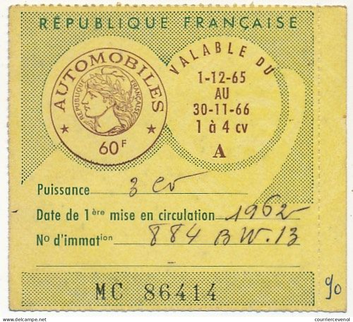 FRANCE - Vignette Automobile 1965/66 - 1 à 4 Cv - 60F - Covers & Documents