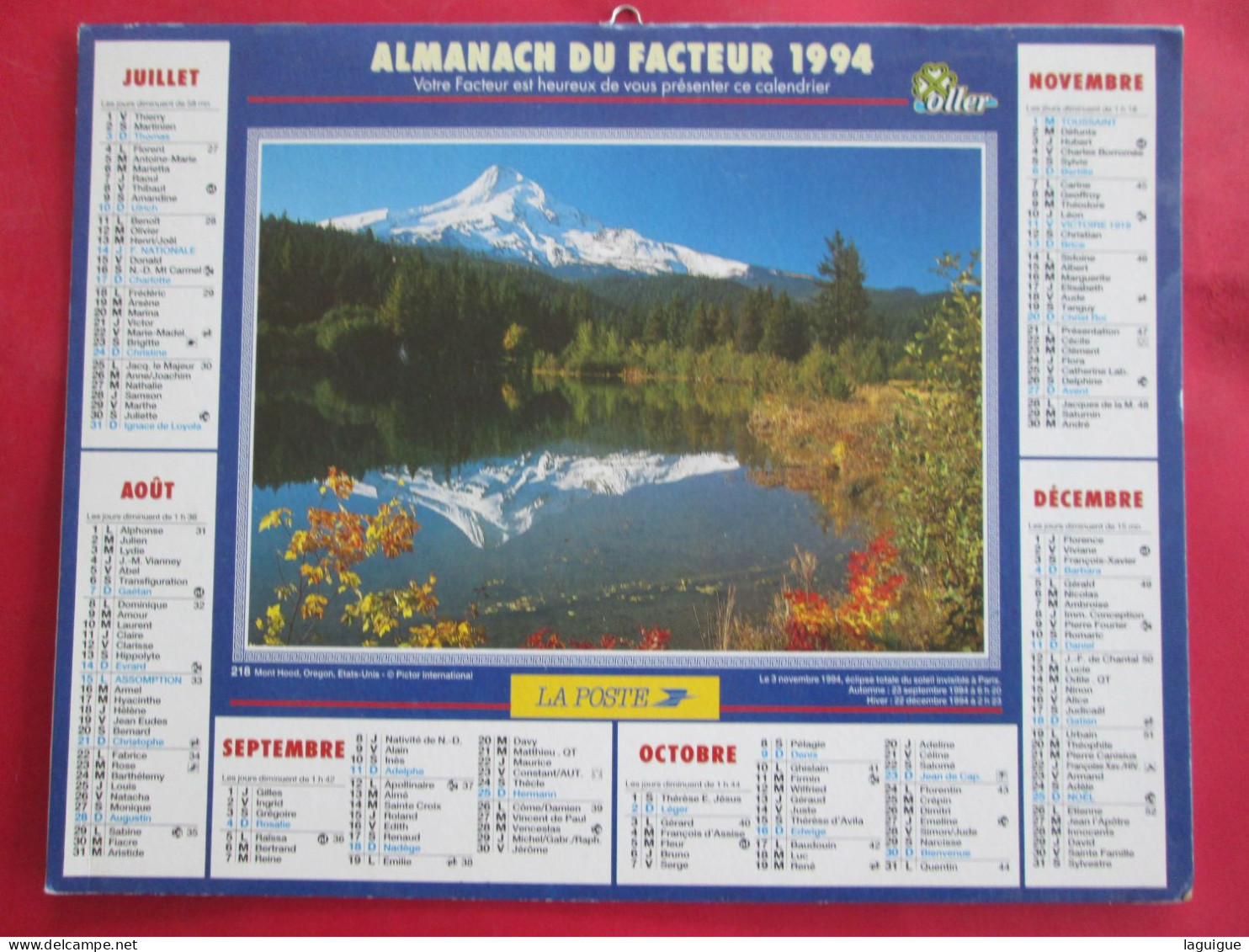 CALENDRIER ALMANACH 1994 MONT HOOD OREGON E.U. VALLEE DE MANIGOD HAUTE SAVOIE OLLER - Big : 1991-00