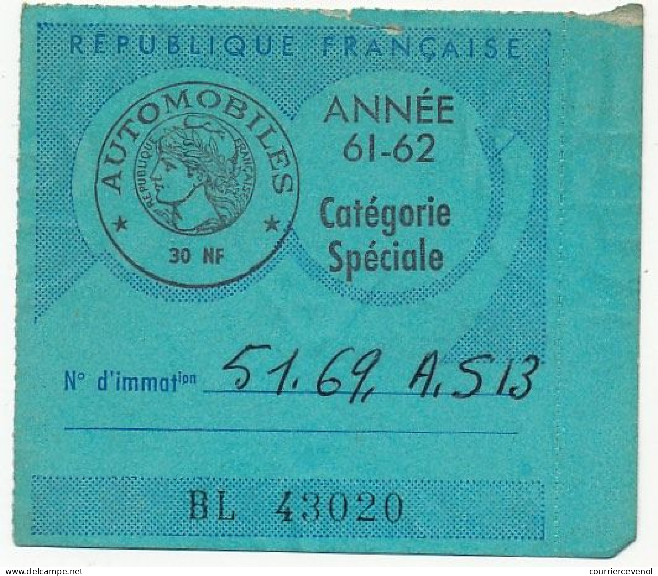 FRANCE - Vignette Automobile 1961/62 Catégorie Spéciale - 30NF - Lettres & Documents