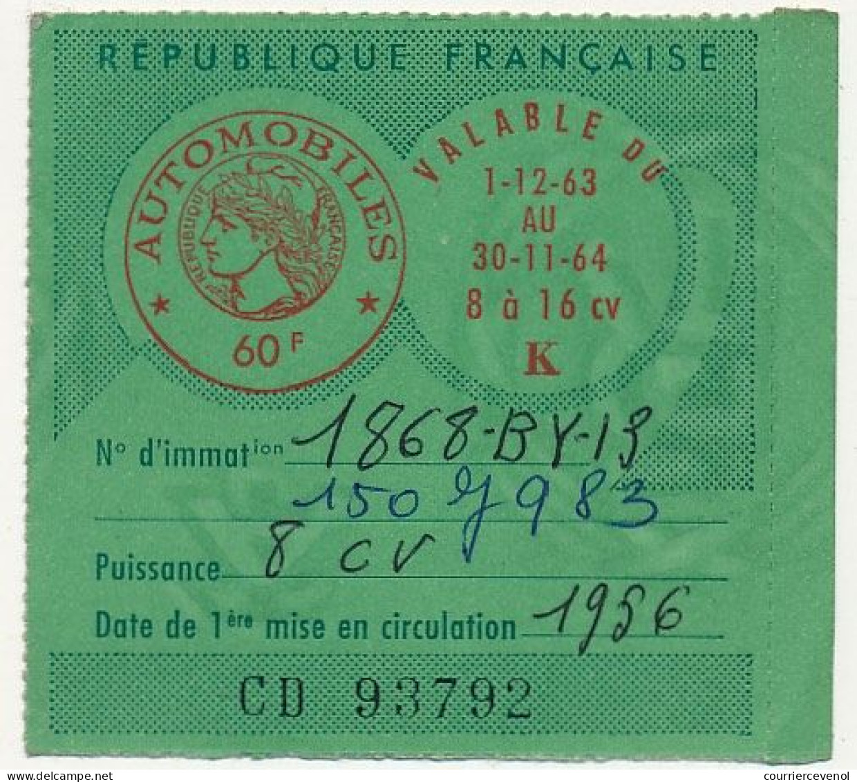 FRANCE - Vignette Automobile 1963/64 - 8 à16 Cv - K - 60F - Var - Covers & Documents