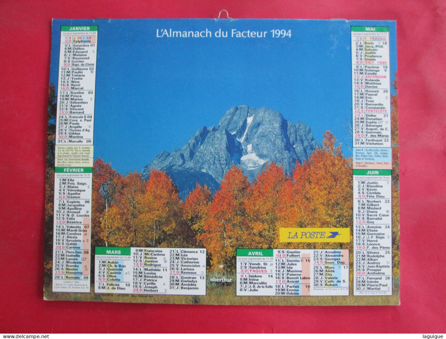 CALENDRIER ALMANACH 1994 MASSIF DES ARAVIS ROCHER DE L'ETABLE TETON NATIONAL PARK  OBERTHUR - Big : 1991-00