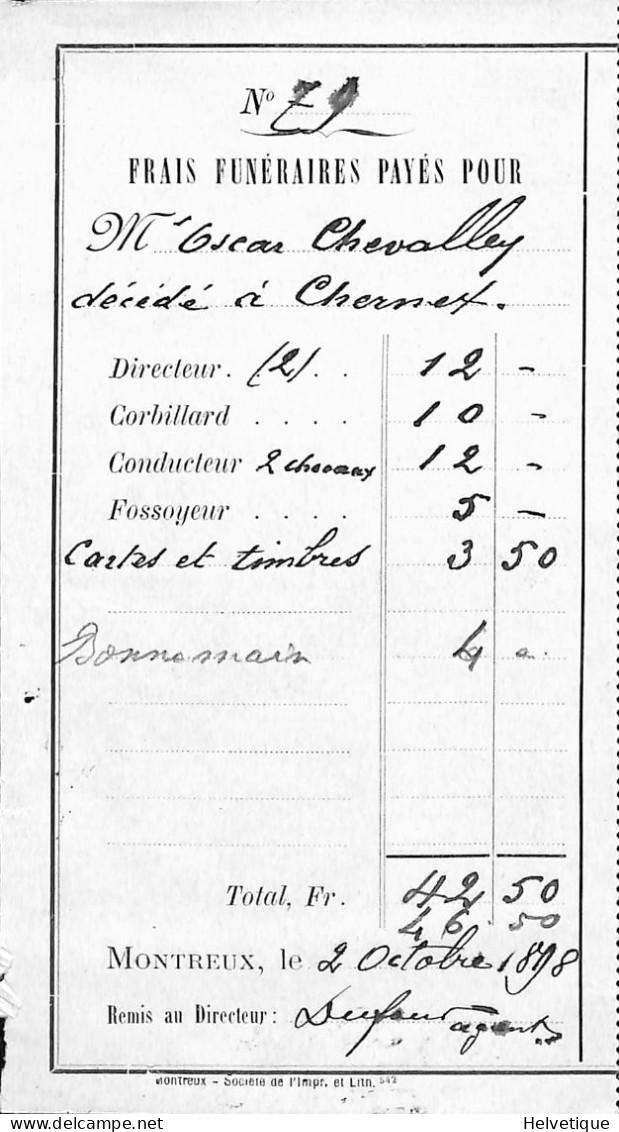 Facture Frais Funéraires Montreux 1898 Corbillard Conducteur 2 Chevaux Fossoyeur Chevalley Chernex - Suiza