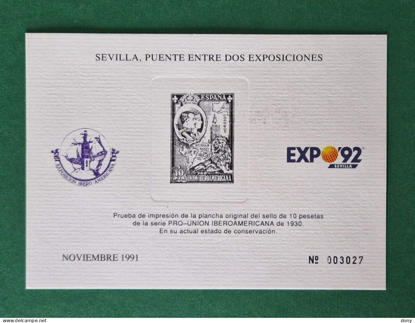 PRUEBA DE IMPRESION DE LA PLANCHA ORIGINAL DEL SELLO 10 PESETAS SERIE PRO-UNION IBEROAMERICANA. Edifil 580 Y 581 - Ensayos & Reimpresiones