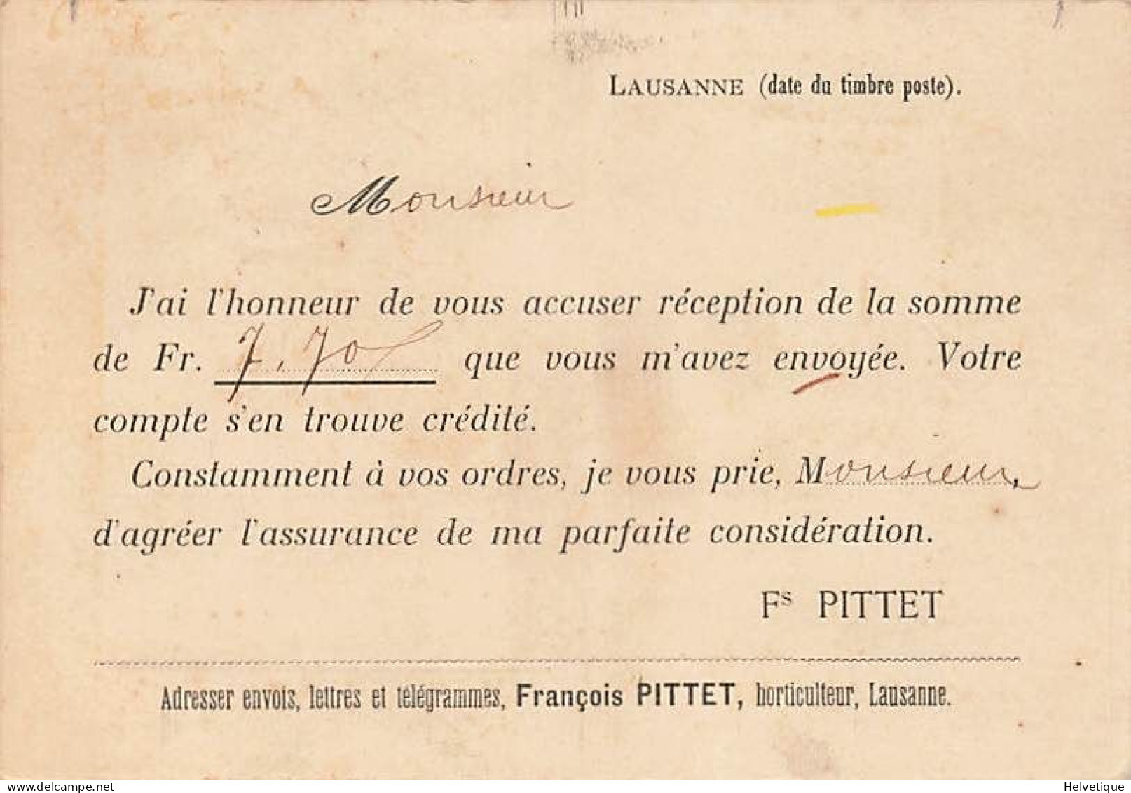 Reçu François Pittet Horticulteur Lausanne 1898  De Chevalley Chernex - Zwitserland
