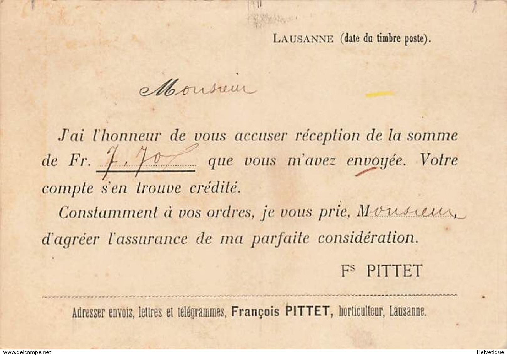 Reçu François Pittet Horticulteur Lausanne 1898  De Chevalley Chernex - Suiza