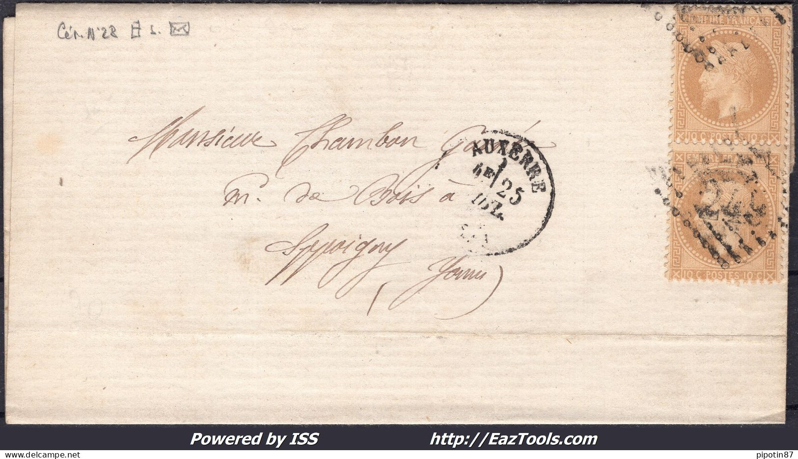 FRANCE N° 28Ax2 SUR LETTRE GC 249 AUXERRE YONNE + CAD TYPE 16 DU 25/07/1869 - 1863-1870 Napoleon III Gelauwerd