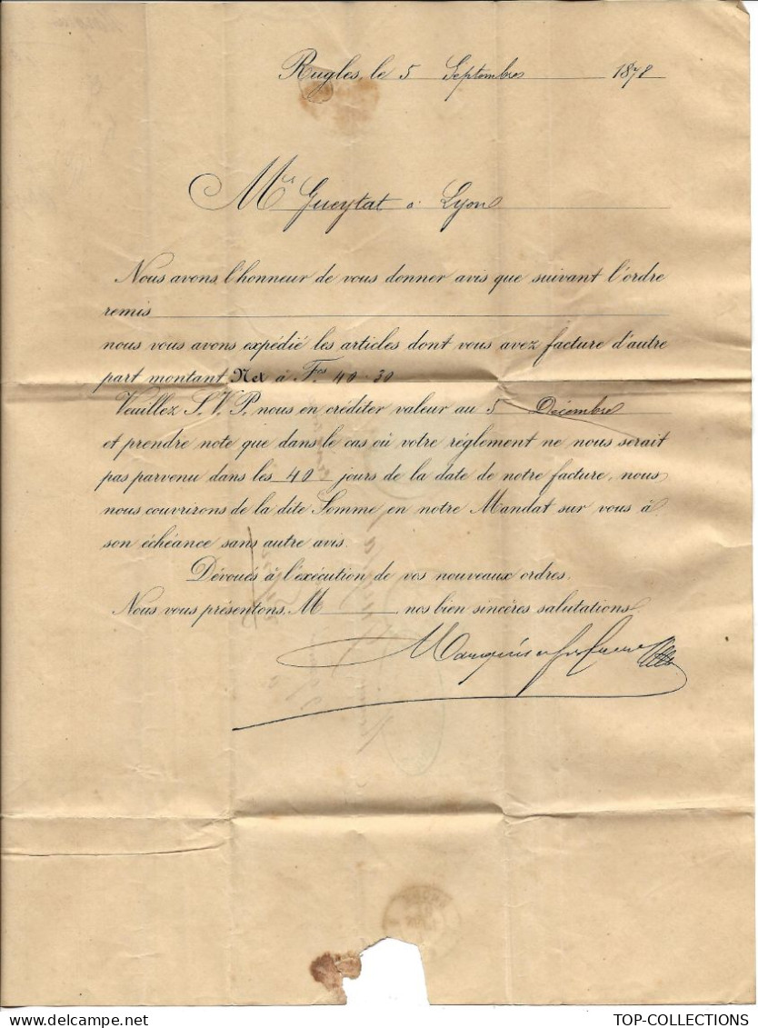 1878  De Rugles  (Eure)      Maquis Fils & Freres épinglerie  Pour Lyon Gueytat   V.SCANS - 1877-1920: Semi-moderne Periode