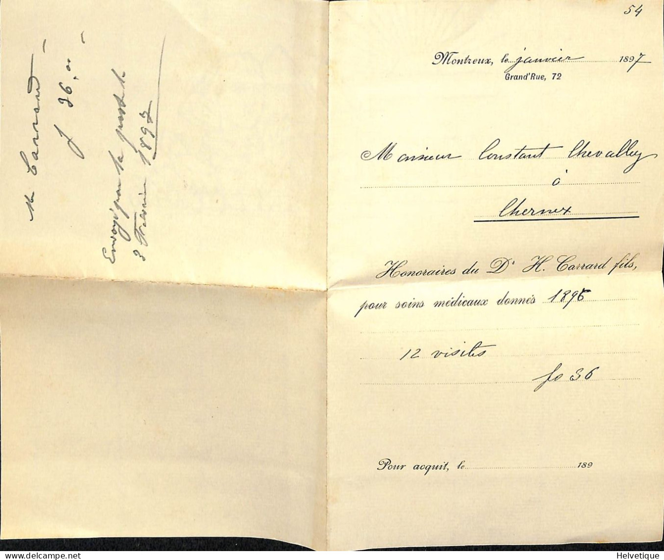 Facture Honoraires Dr Carrard Grand'Rue 72  Soins Médicaux 1895 Chevalley Chernex Montreux - Schweiz