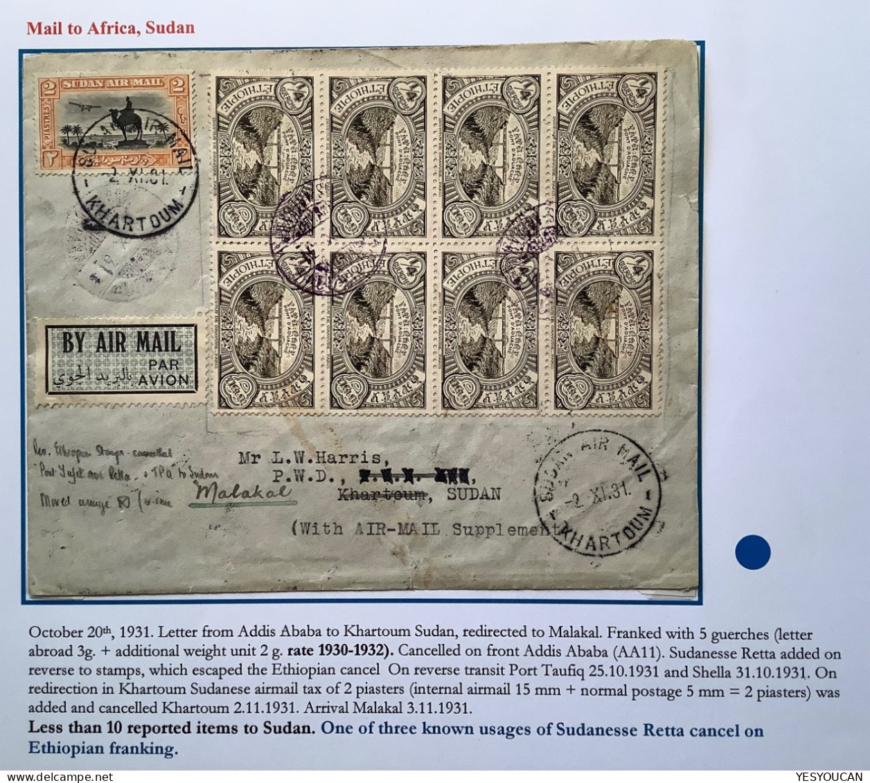 Ethiopia: Addis-Abbeba 1931 Rare Mixed Franking With Sudan Air Mail Stamp Cover>Khartoum With Retta Cancel ! (Air Post - Ethiopia
