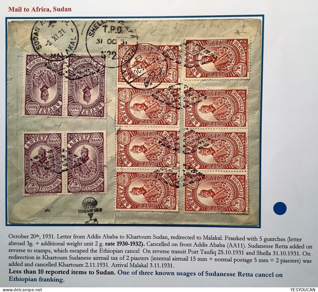 Ethiopia: Addis-Abbeba 1931 Rare Mixed Franking With Sudan Air Mail Stamp Cover>Khartoum With Retta Cancel ! (Air Post - Äthiopien