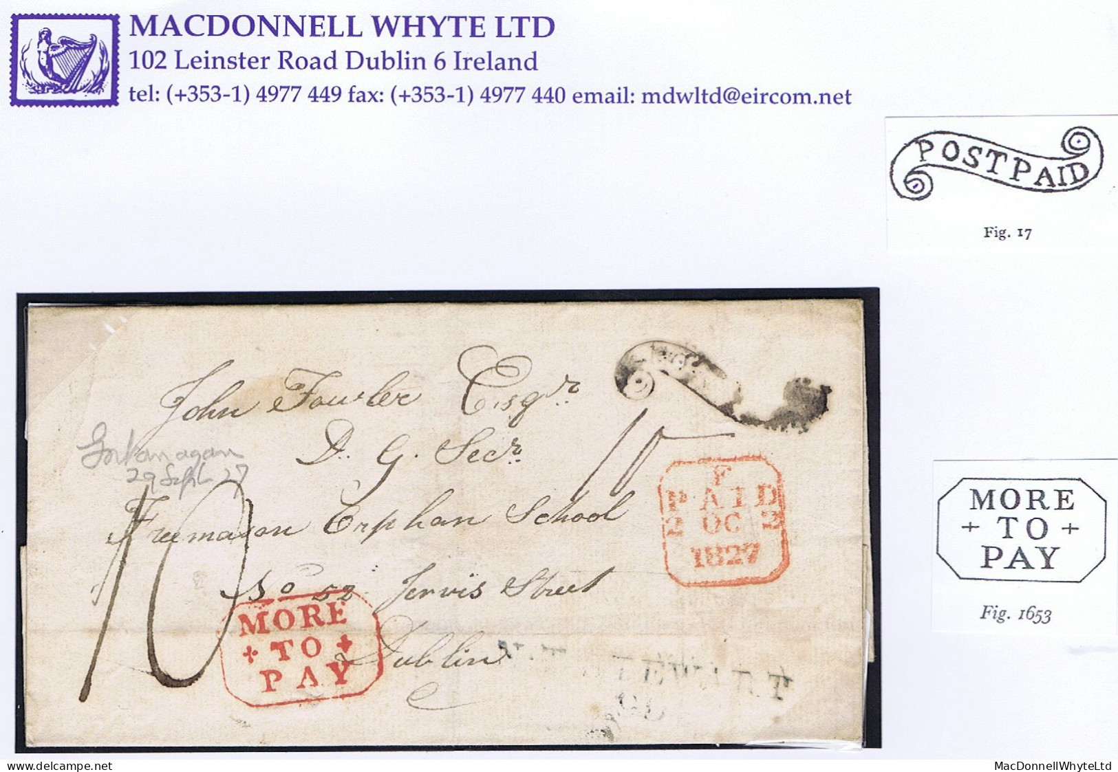 Ireland Tyrone 1827 Cover To Dublin With Scroll POST PAID Of Newtownstewart, Insuficiently Paid Octagonal MORE/+TO+/PAY - Prephilately