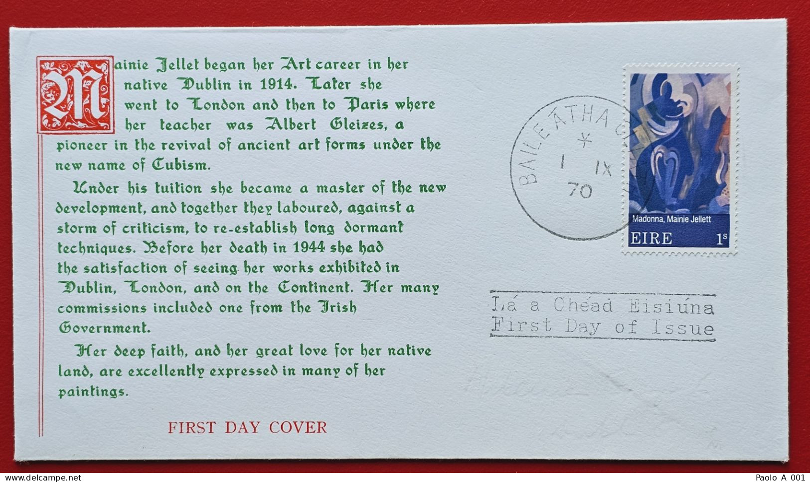 EIRE IRELAND 1970 MAINIE JELLET, ART MADONNA  FDC - FDC