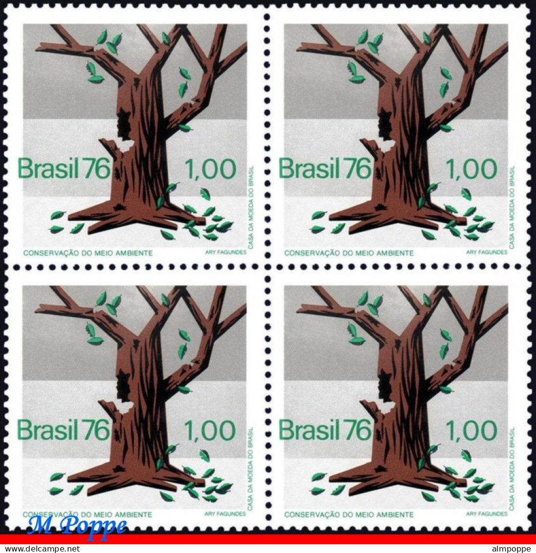 Ref. BR-1474-Q BRAZIL 1976 - PROTECTION OF ENVIRONMENT, DYING TREE, MI# 1559, BLOCK MNH, NATURE 4V Sc# 1474 - Blocks & Sheetlets