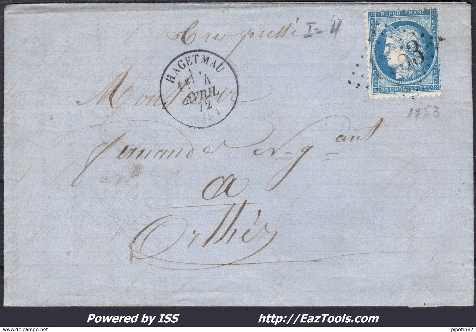 FRANCE N° 60A SUR LETTRE GC 1753 HAGUETMAU LANDES + CAD TYPE 16 DU 04/04/1872 - 1871-1875 Cérès