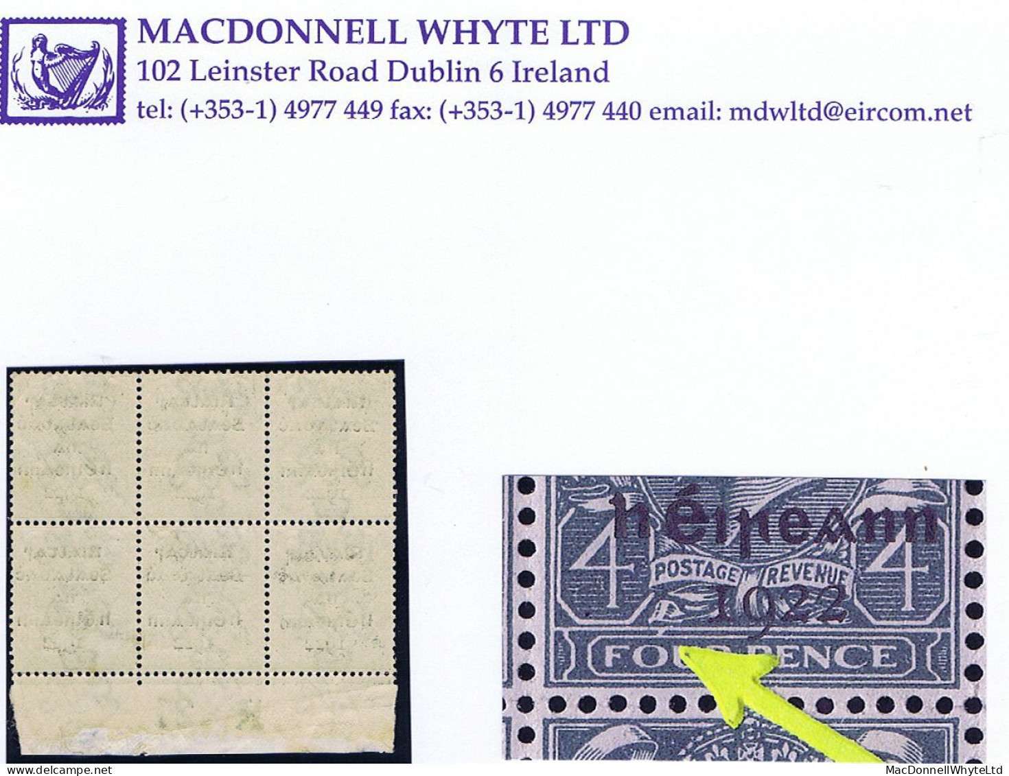 Ireland 1922 Dollard Rialtas 5-line Overprint In Black On 4d Control R21 Imperf Block 6 With Var. Break Over FOUR - Unused Stamps