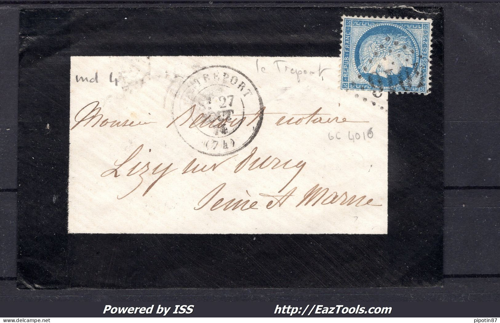 FRANCE N° 60C SUR LETTRE AVEC GC 4016 LE TRÉPORT SEINE INF + CAD DU 27/08/1874 - 1871-1875 Ceres