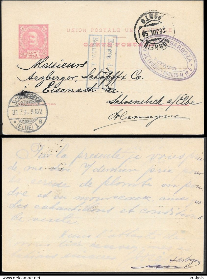 Portugal Porto 25R Postal Stationery Card Mailed To Germany 1895 - Briefe U. Dokumente