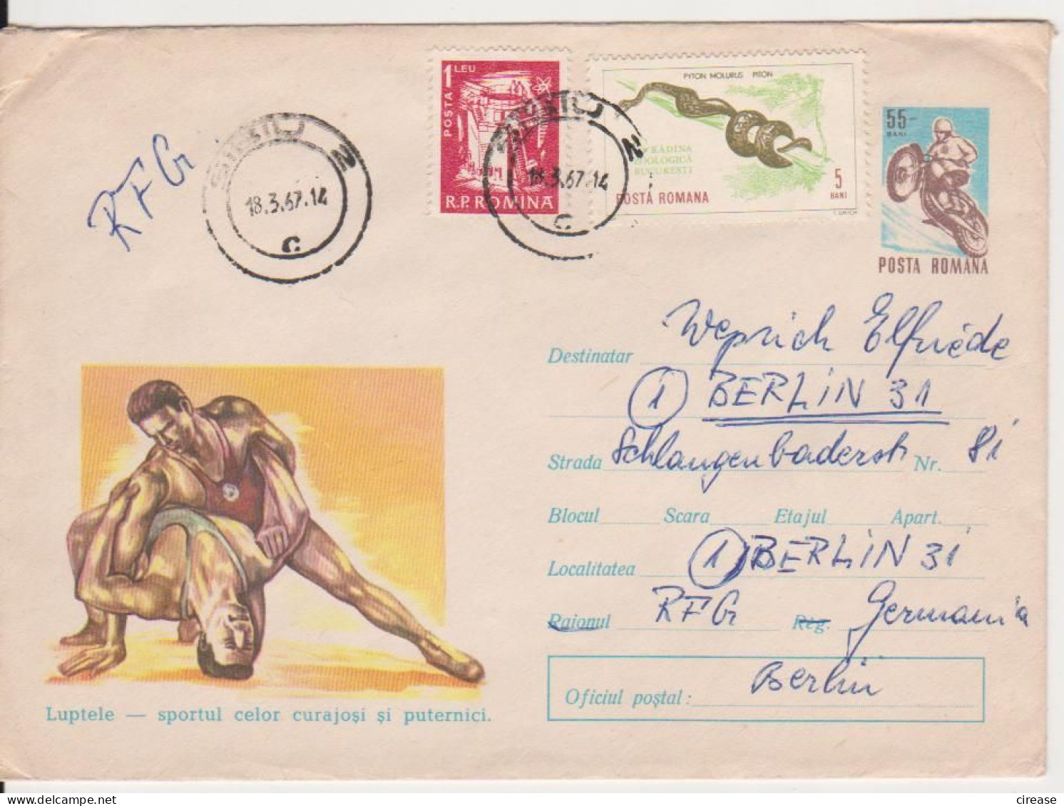 SPORT WRESTLING, MOTOCROSS MOTOR BIKE ROMANIA POSTAL STATIONERY 1966 - Wrestling