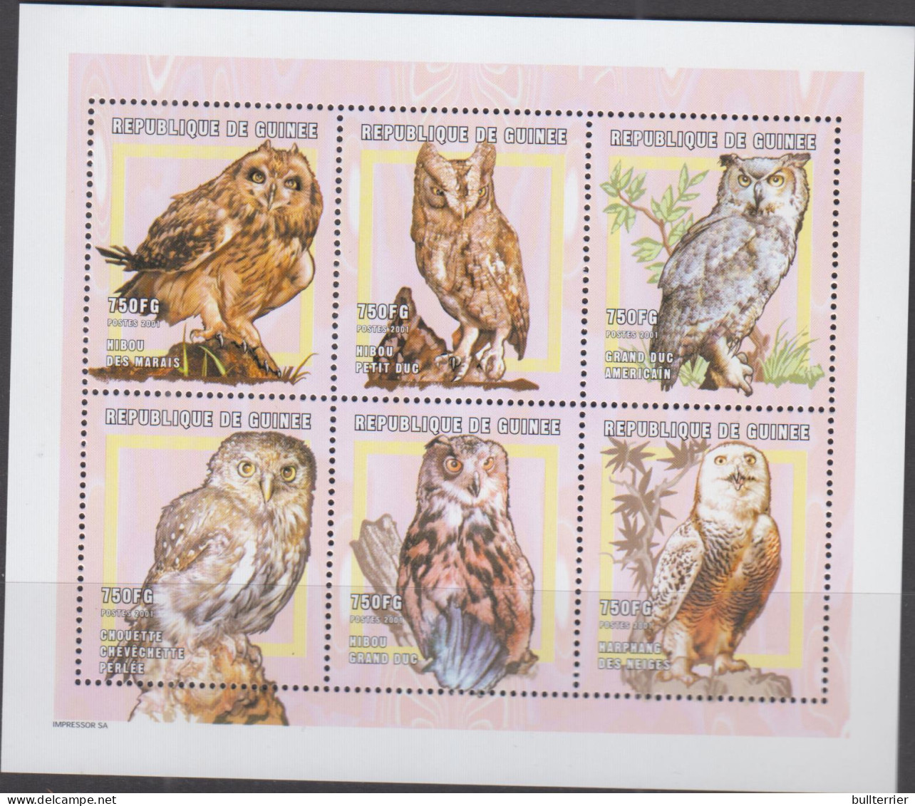 BIRDS -  GUINEE  REP - 2001 - OWLS SHEETLET OF 6 MINT NEVER HINGED, - Hiboux & Chouettes