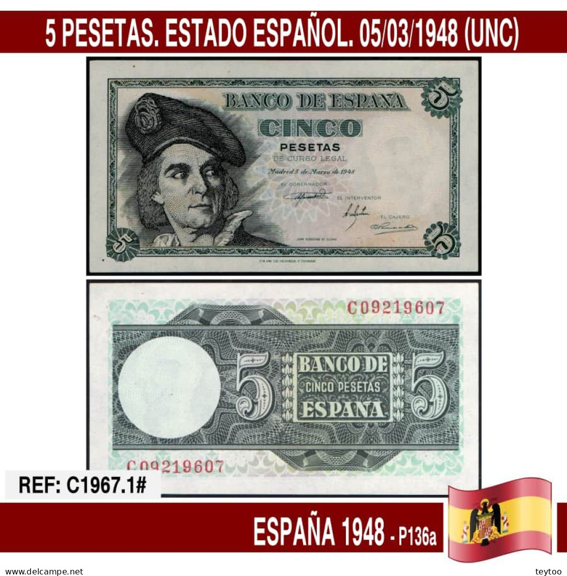 C1967.1# España 1948. 5 Pts. Estado Español (UNC) P-136a - 5 Peseten