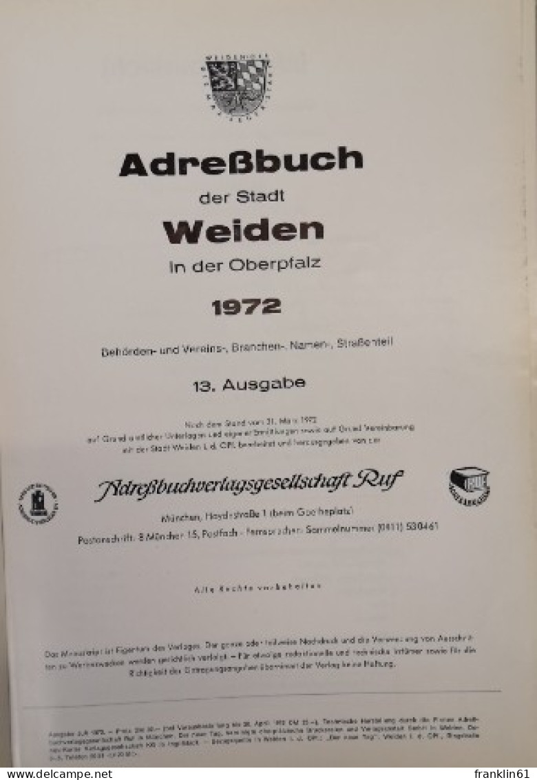 Adreßbuch Der Stadt Weiden I. D. Opf. 1972. - Lexiques