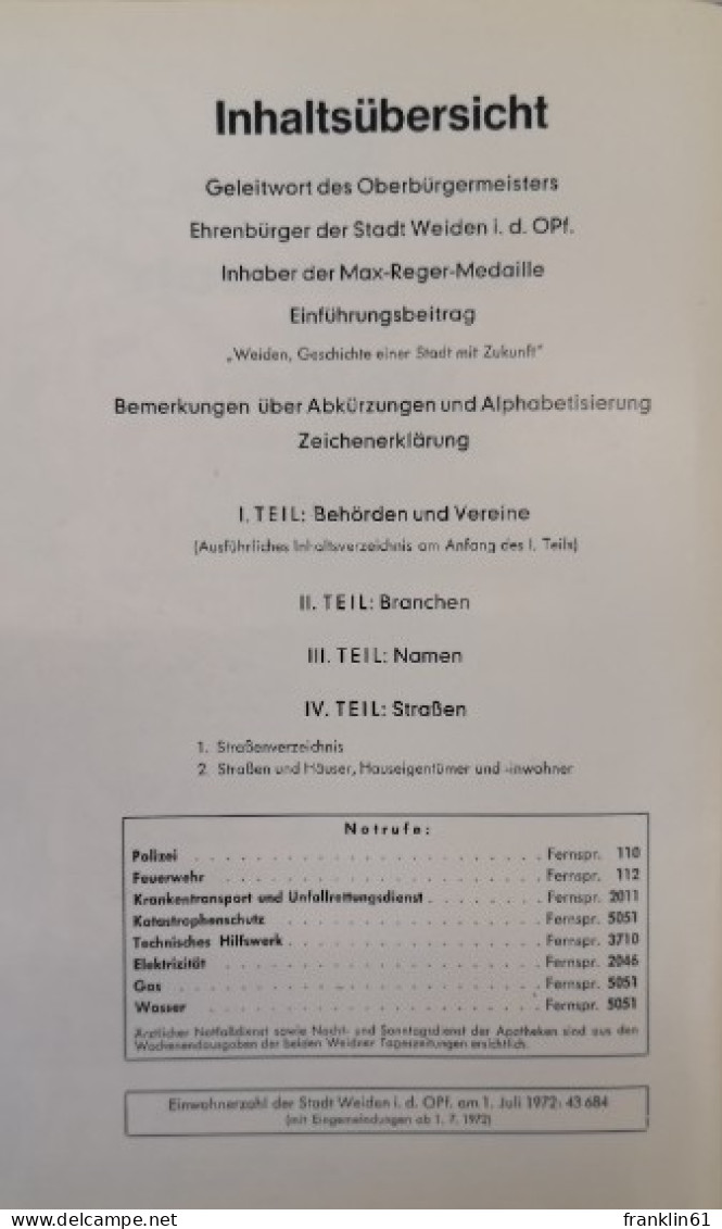 Adreßbuch Der Stadt Weiden I. D. Opf. 1972. - Léxicos