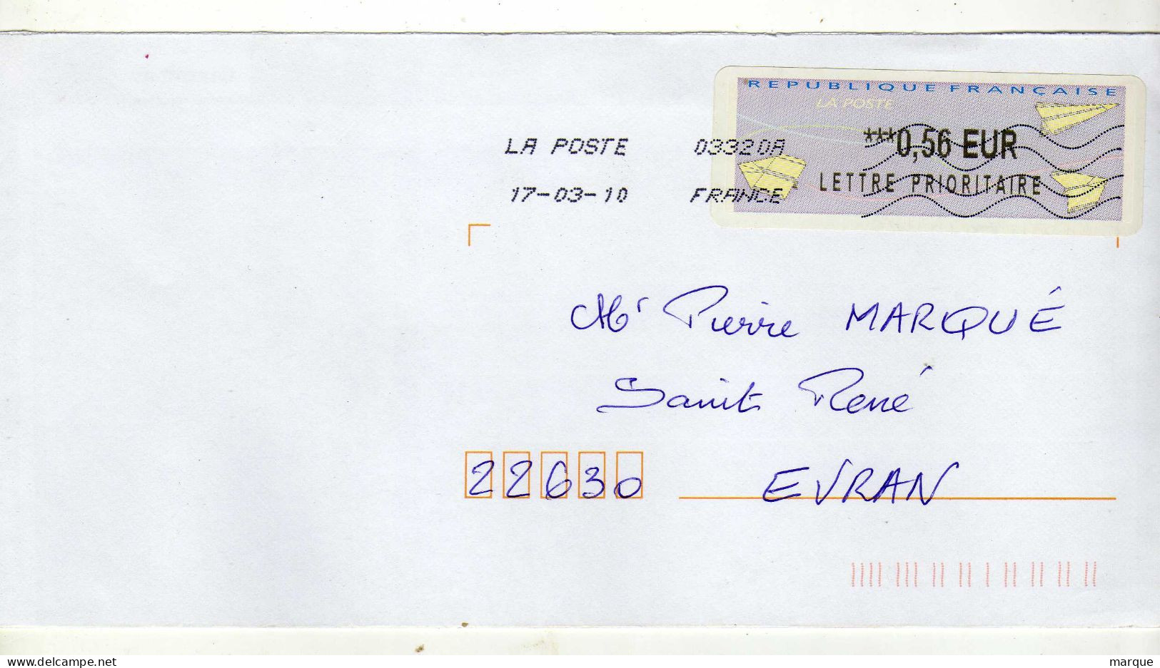 Enveloppe FRANCE Avec Vignette Affranchissement Lettre Prioritaire Oblitération LA POSTE 03320A 17/03/2010 - 2000 Type « Avions En Papier »