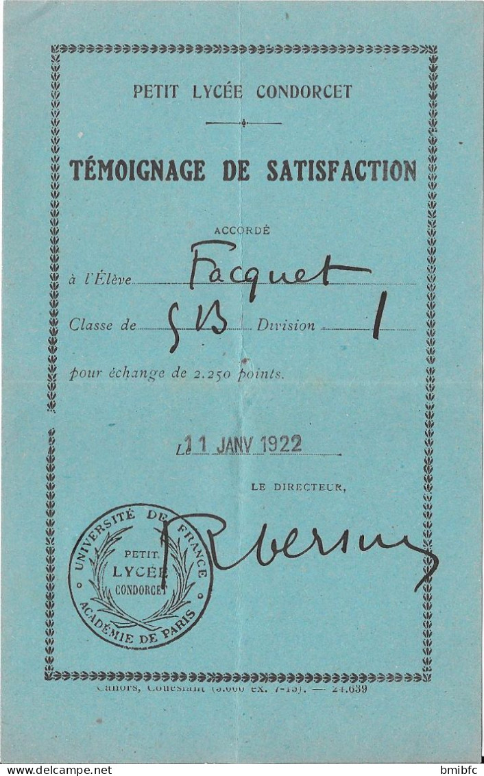 UNIVERSITÉ DE FRANCE - ACCADÉMIE DE PARIS - PETIT LYCÉE CONDORCET - Témoignage De Satisfaction 11 Janv 1922 - Diplômes & Bulletins Scolaires