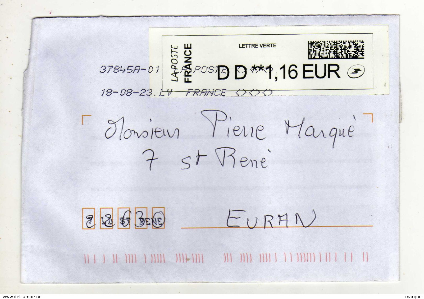 Enveloppe FRANCE Avec Vignette Affranchissement Lettre Verte Oblitération LA POSTE 18/08/2023 LV - 2010-... Viñetas De Franqueo Illustradas