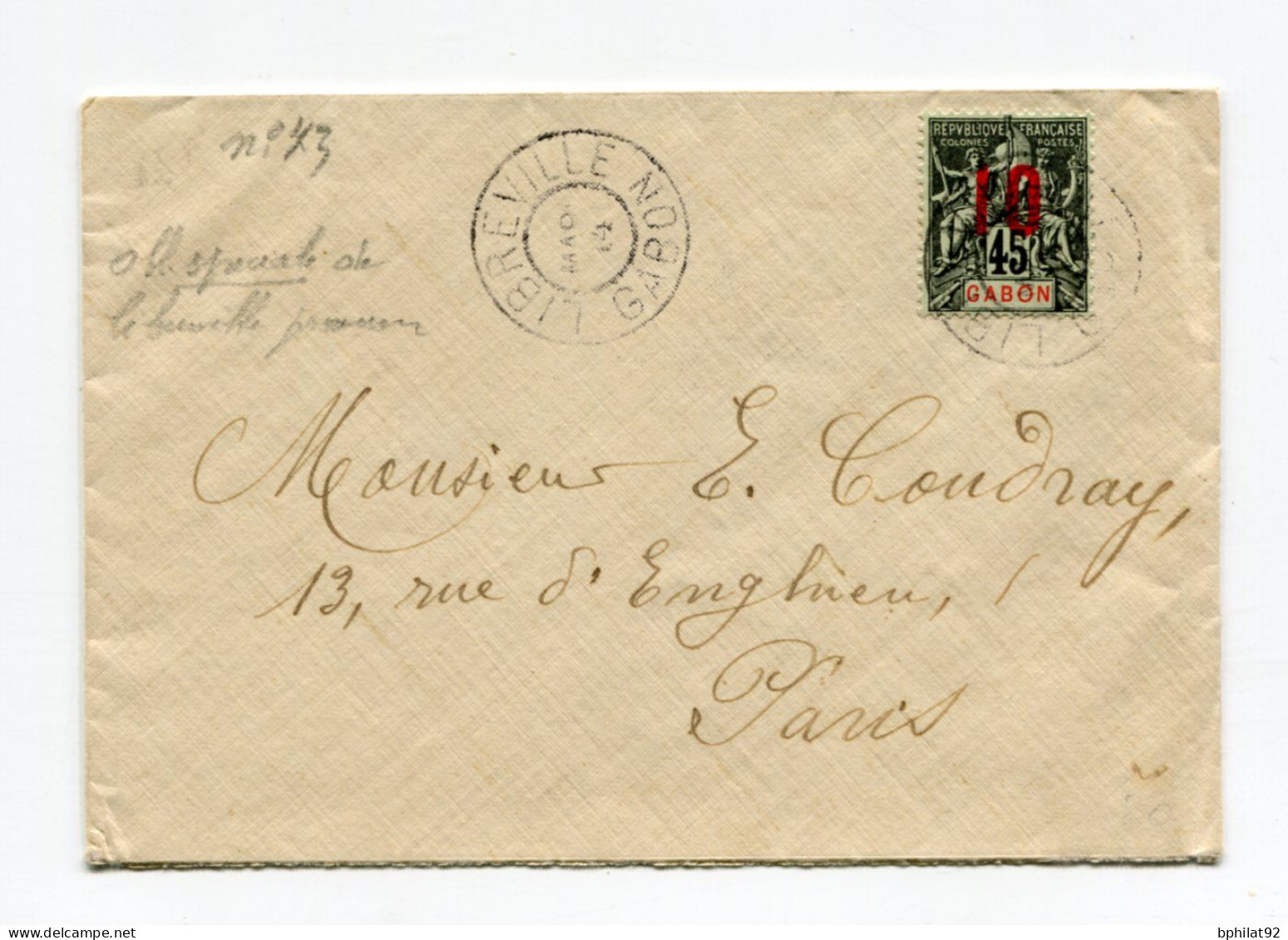 !!! GABON, LETTRE DE LIBREVILLE DE 1914 POUR PARIS - Storia Postale