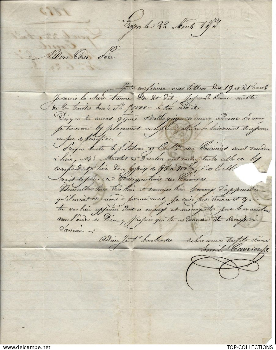 1853  De Lyon Rhone  Tarif 25 C.  Pour Ganges Hérault  Emile Carrière  Manufacture « Mon Cher Père » V.SCANS - 1849-1876: Klassieke Periode
