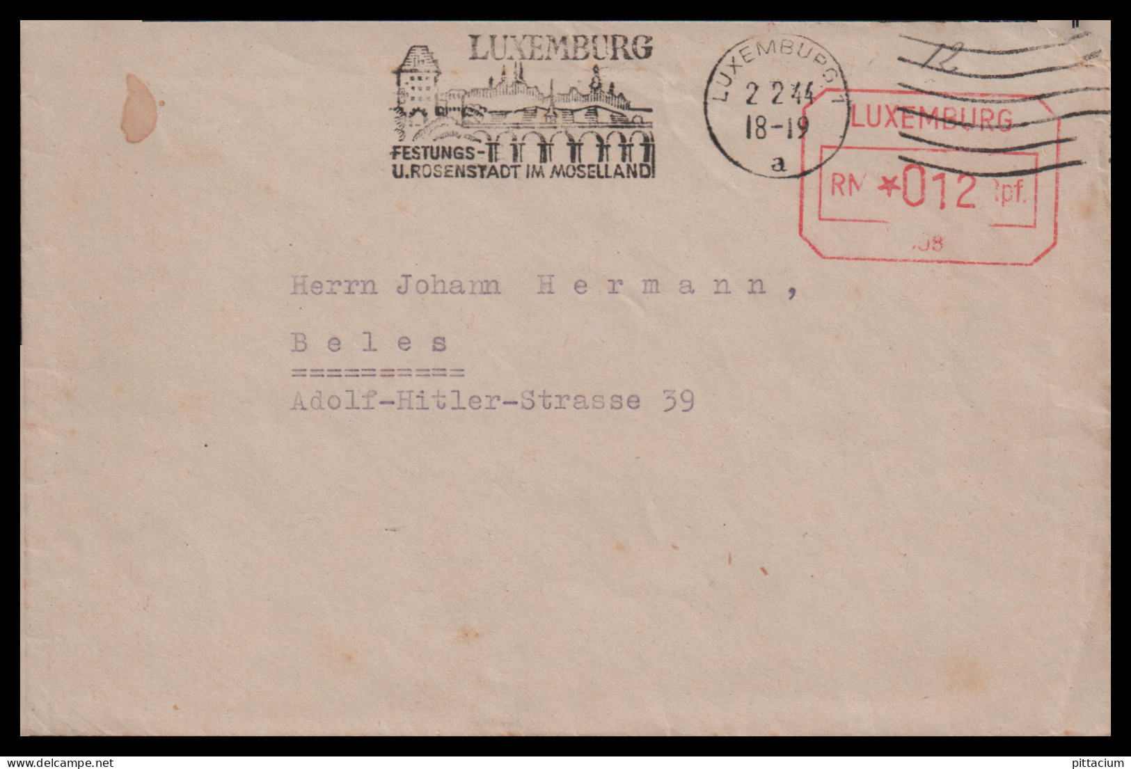 Luxemburg 1944: Brief / Freistempel | Besatzung, Arbedhaus, Werbe-Freistempel | Luxemburg;Luxembourg, Beles;Sanem - 1940-1944 Duitse Bezetting