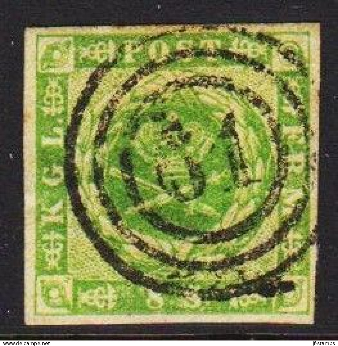 1857. DANMARK. Dotted Spandrels. 8 Skilling Green. Nummeral Cancel 61 - RNNE, Bornholm. Very Fi... (Michel 5) - JF536970 - Used Stamps