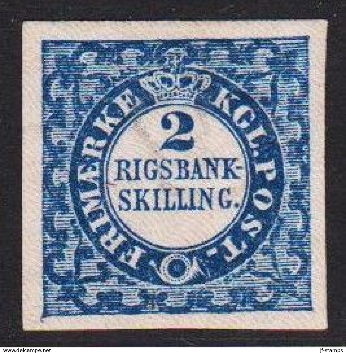 1852. DANMARK. 2 Rigsbankskilling Blue. Thiele Print.__ Plate I, Nr. 35. Type 7. Exceptional... (Michel 2II ) - JF536972 - Ongebruikt