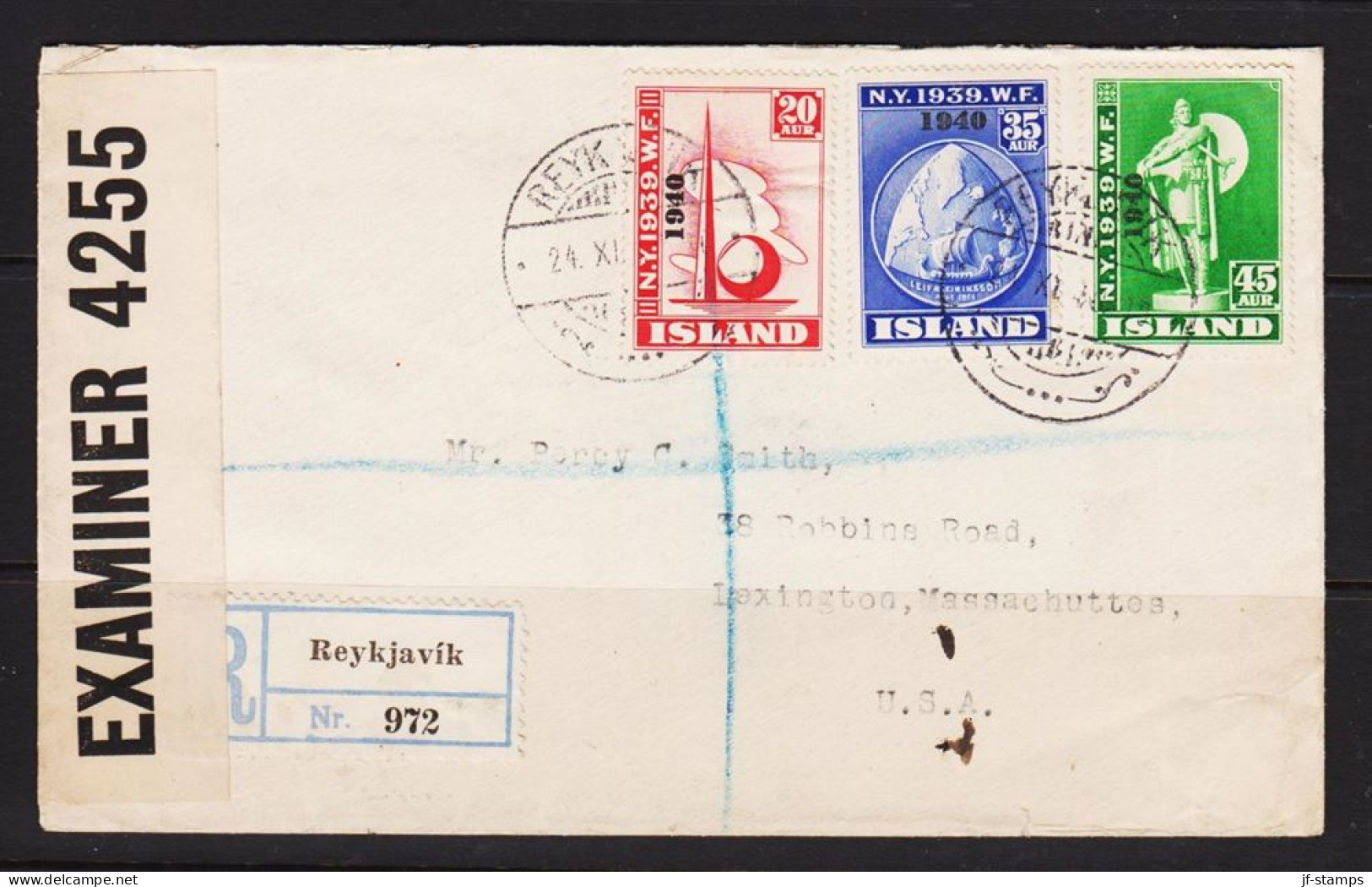 1939. ISLAND. NEW YORK WORLD FAIR. 20 + 35 + 45 AUR Overprinted 1940 On Censored Registe... (MICHEL 2018-220) - JF536975 - Cartas & Documentos