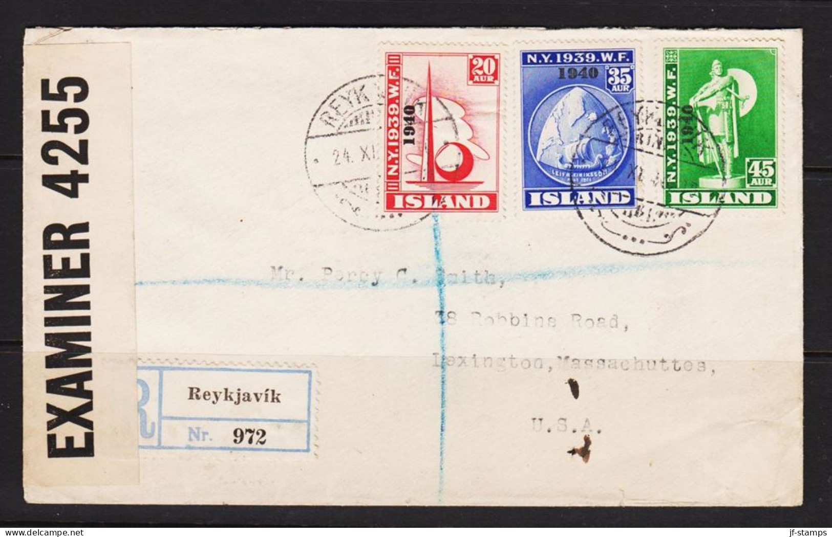 1939. ISLAND. NEW YORK WORLD FAIR. 20 + 35 + 45 AUR Overprinted 1940 On Censored Registe... (MICHEL 2018-220) - JF536975 - Lettres & Documents