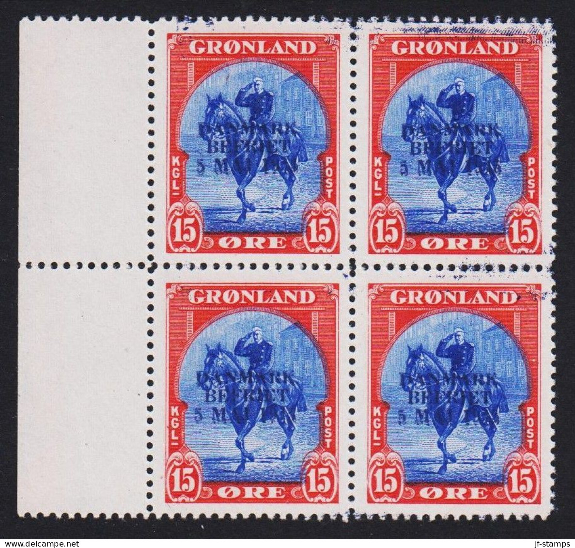 1945. GRØNLAND. DANMARK BEFRIET 5 MAJ 1945 Overprint. 15 Øre Red/ultramarine Chr. X On Horse... (Michel 21 I) - JF536978 - Ongebruikt