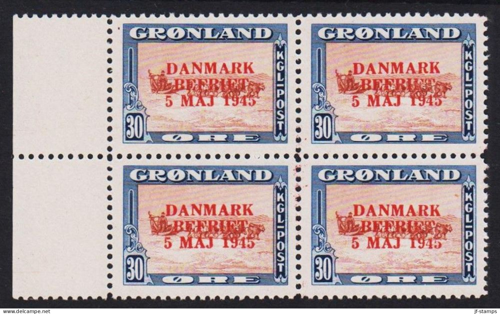 1945. GRØNLAND. DANMARK BEFRIET 5 MAJ 1945 Overprint. 30 Øre Blue/brown/red Dog Sledge. RED ... (Michel 22 I) - JF536979 - Nuevos