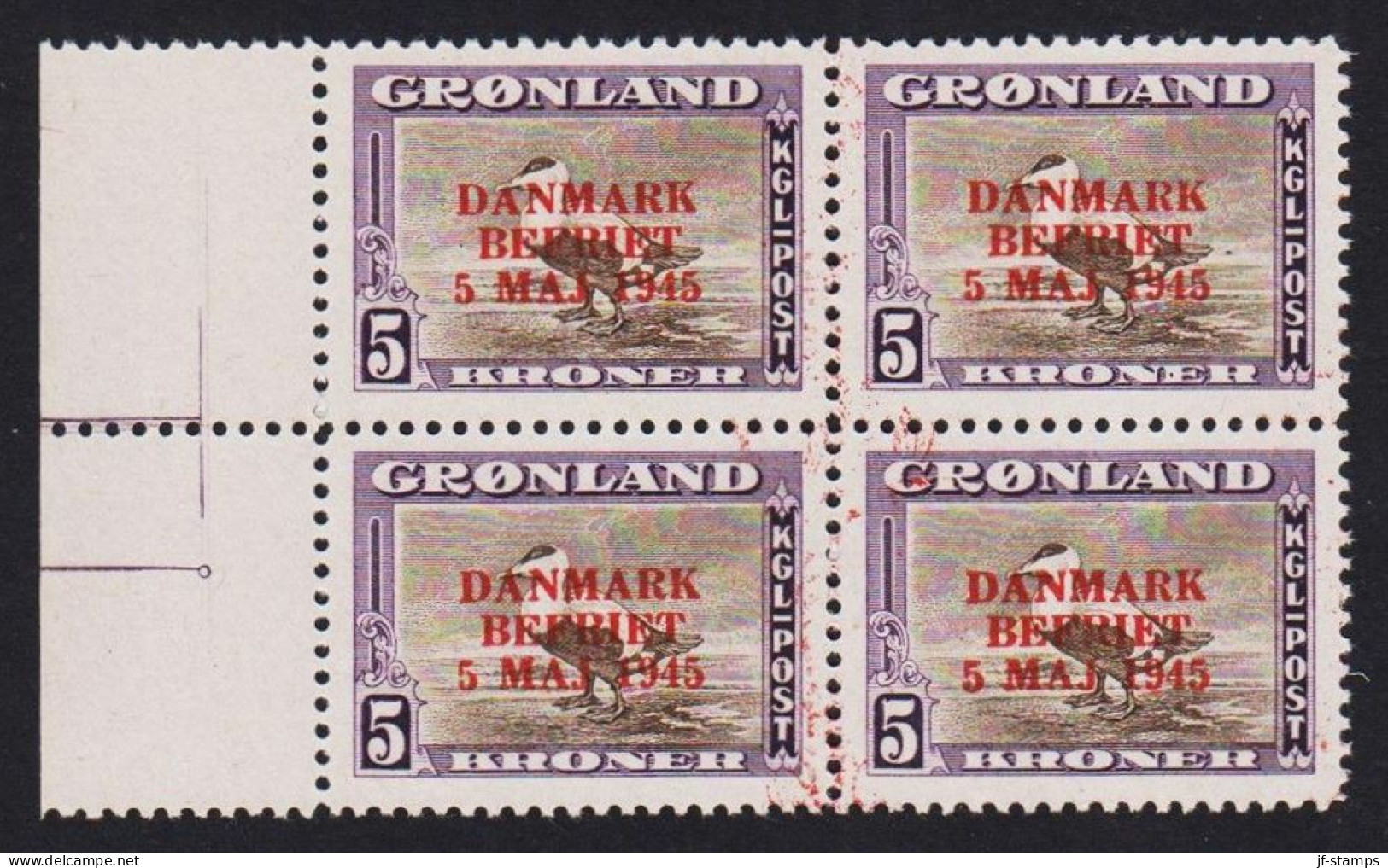 1945. GRØNLAND. DANMARK BEFRIET 5 MAJ 1945 Overprint. 5 Kr. Dark Lilac/gray Brown Eider-duck. ... (Michel 25) - JF536982 - Ongebruikt