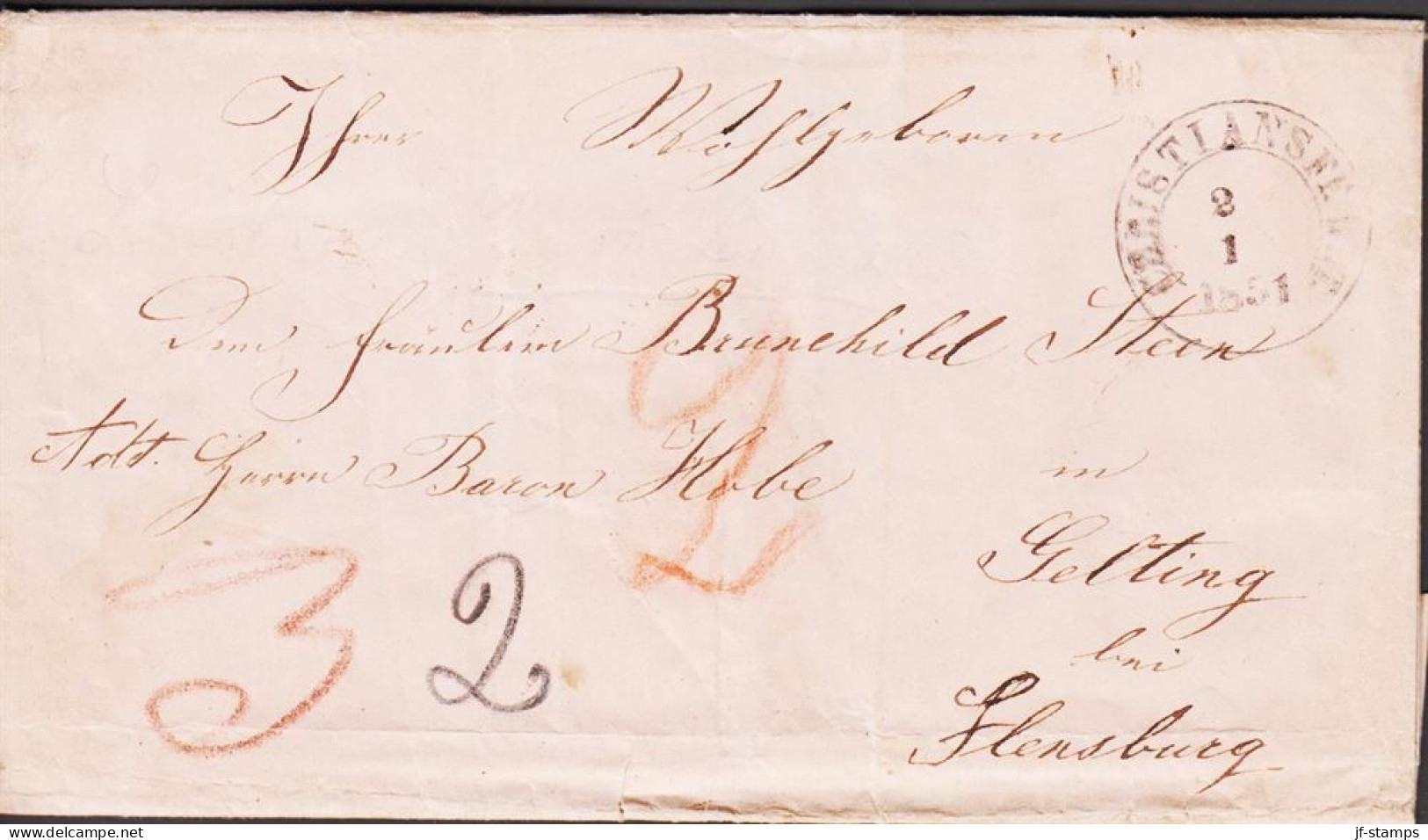 1851. SLESVIG. CHRISTIANSFELDT 2 1 1851. On Fine Small Cover To Fraulain Brunehild Steen Att.Baron Hobe, G... - JF536992 - ...-1851 Prephilately