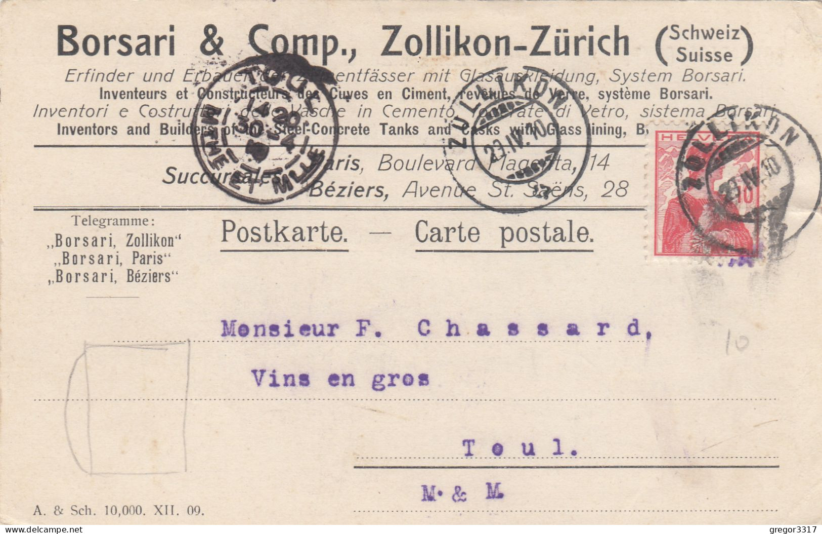 D7126) ZÜRICH - Borsari & Comp. - ZOLLIKON Zürich - Schweiz 1910 Alte Postkarte - Zollikon