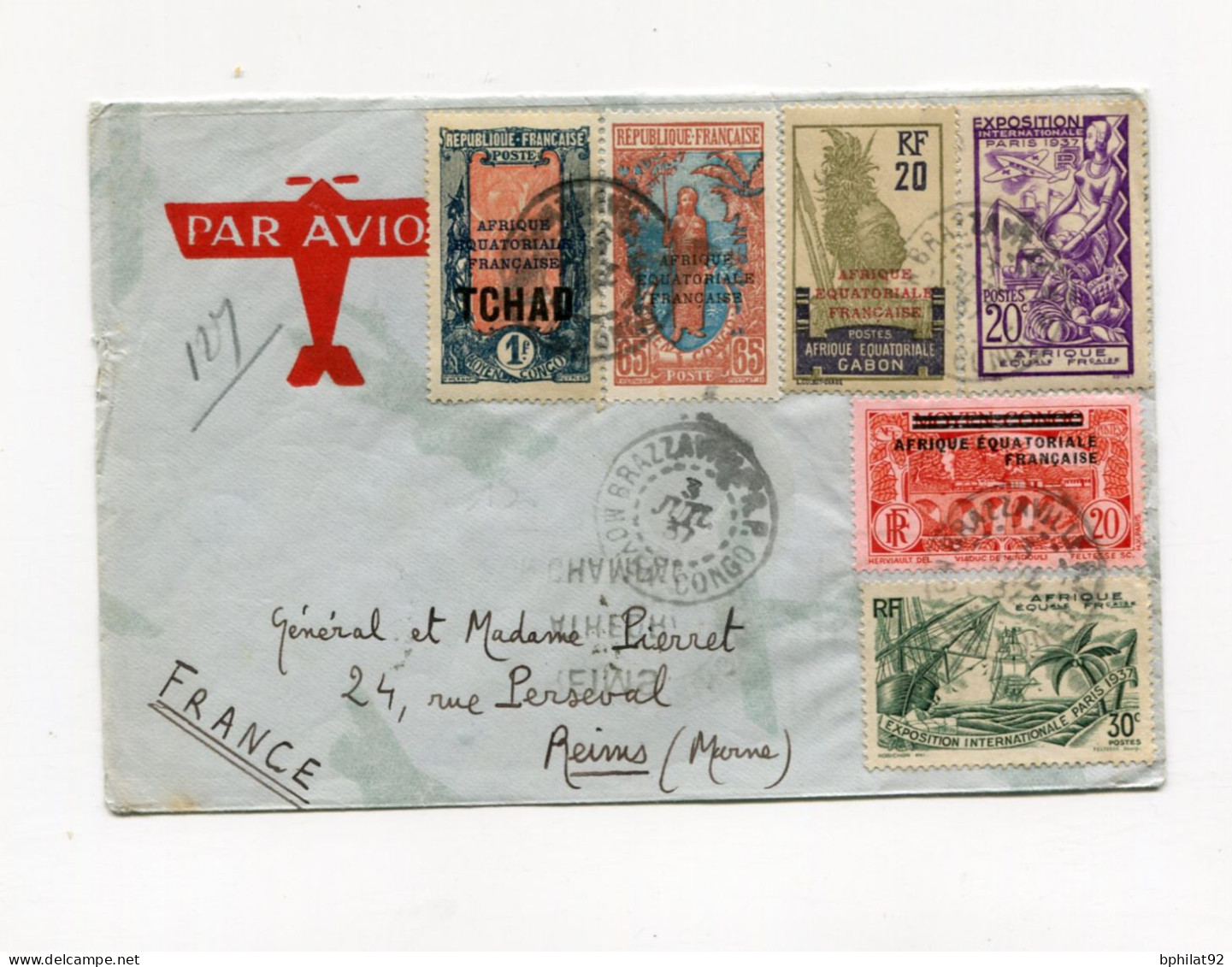 !!! AEF, LETTRE PAR AVION DE BRAZZAVILLE DE 1937 POUR REIMS - Cartas & Documentos