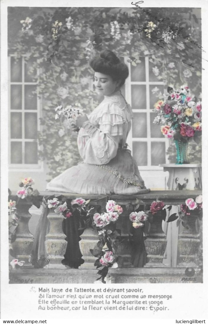 SERIE 5 CARTES  FANTAISIE ANNEE 1908 -       A  LEGENDE  :   FEMME AUX FLEURS AVEC POEME -  CIRCULEE  TBE - Collections & Lots