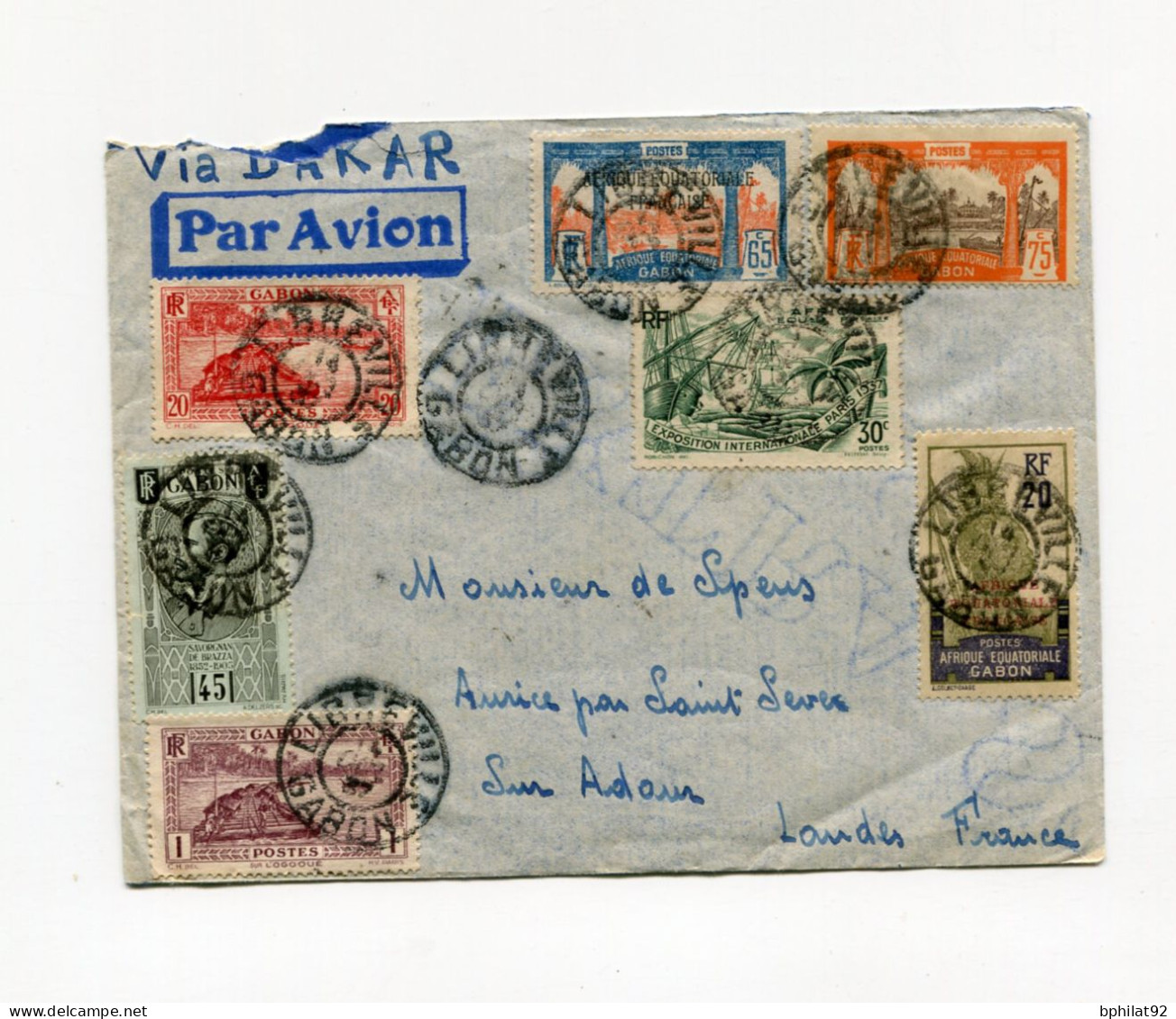 !!! AEF, LETTRE PAR AVION DE LIBREVILLE POUR LES LANDES DE 1937, AFFRANCH RECTO VERSO - Cartas & Documentos