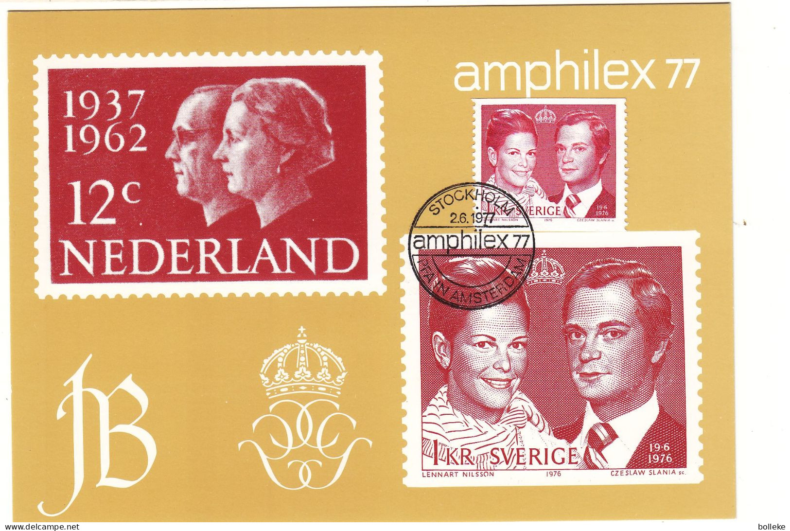 Suède - Carte Postale De 1977 - Oblit Stockholm - Expo Amphilex 77 - Familles Royales - - Storia Postale