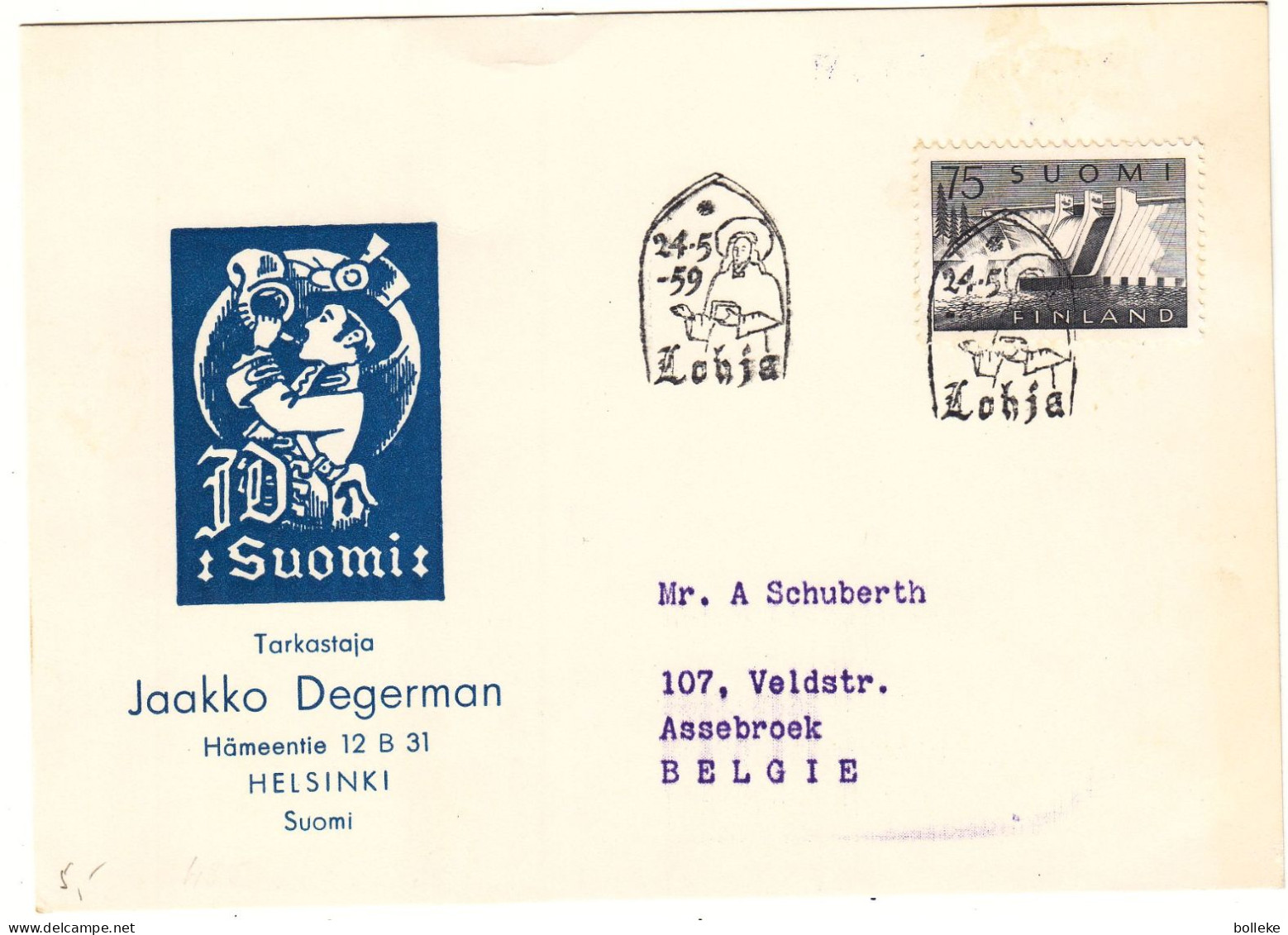 Finlande - Carte Postale De 1959 - Oblit Lohja - Religieux - Barrage - - Briefe U. Dokumente