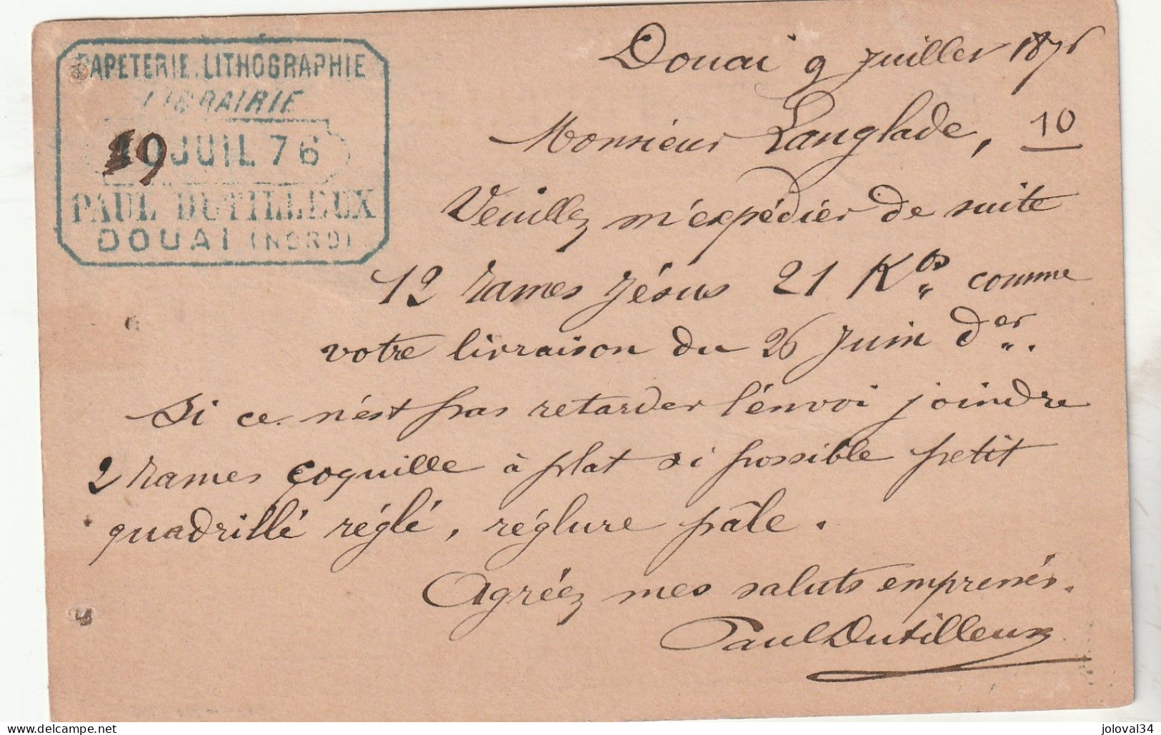 Yvert 55 Sur Carte Précurseur Entête Dutilleux Librairie Cachet GARE DE DOUAI Nord 9/7/1876 Pour Paris - Precursor Cards