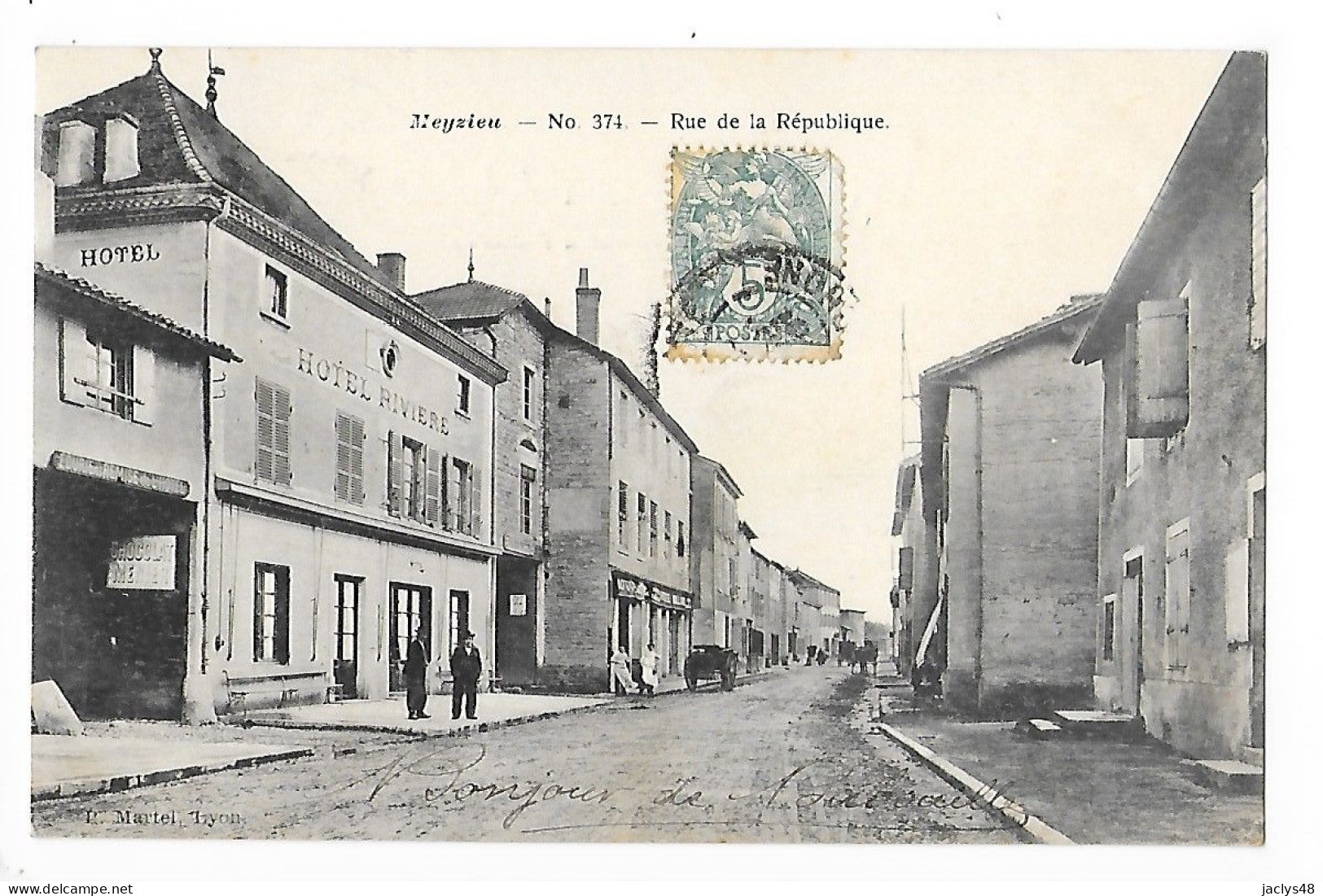 MEYZIEU  (cpa 69)  Rue De La République - Hôtel RIVIERE - Meyzieu