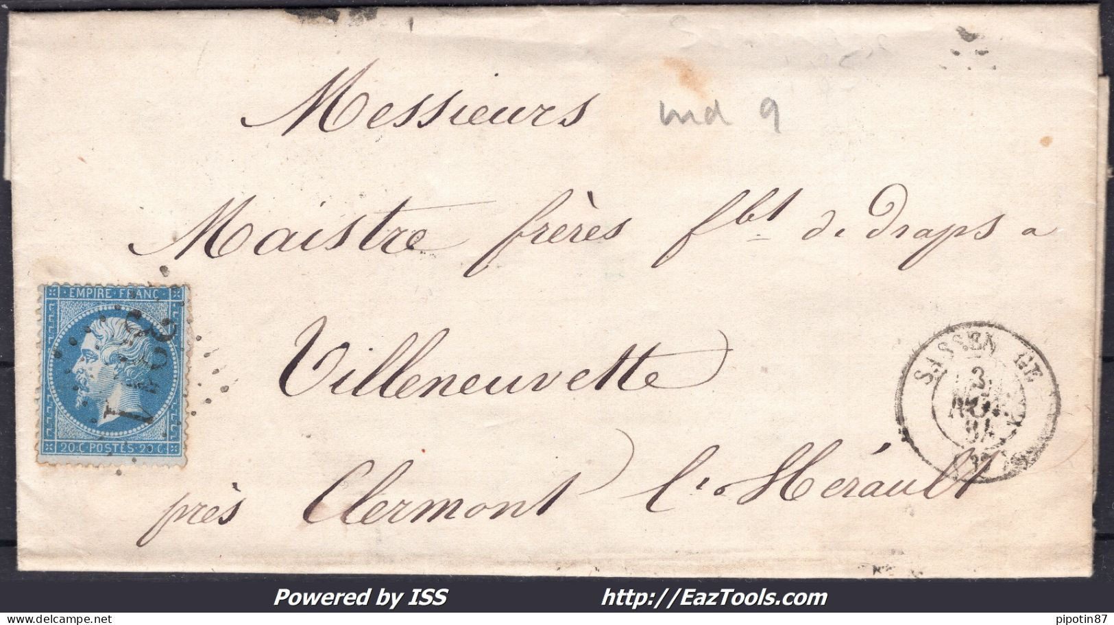 FRANCE N° 22 SUR LETTRE AVEC GC 3311 SASSENAGE ISERE + CAD DU 03/11/1864 - 1862 Napoleone III